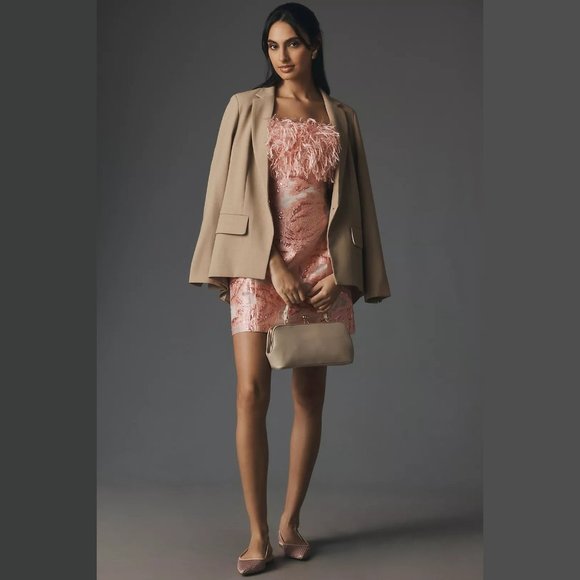 NEW Sizes M, L - Strapless Feathered Metallic Mini Dress, Pink - Anthropologie - Picture 2 of 4